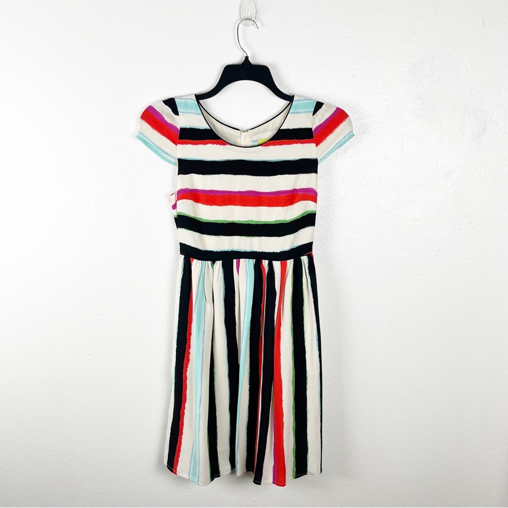 ANTHROPOLOGIE MAEVE Brushstroke Short Sleeves Pleated Dress 0 Picnic Casual